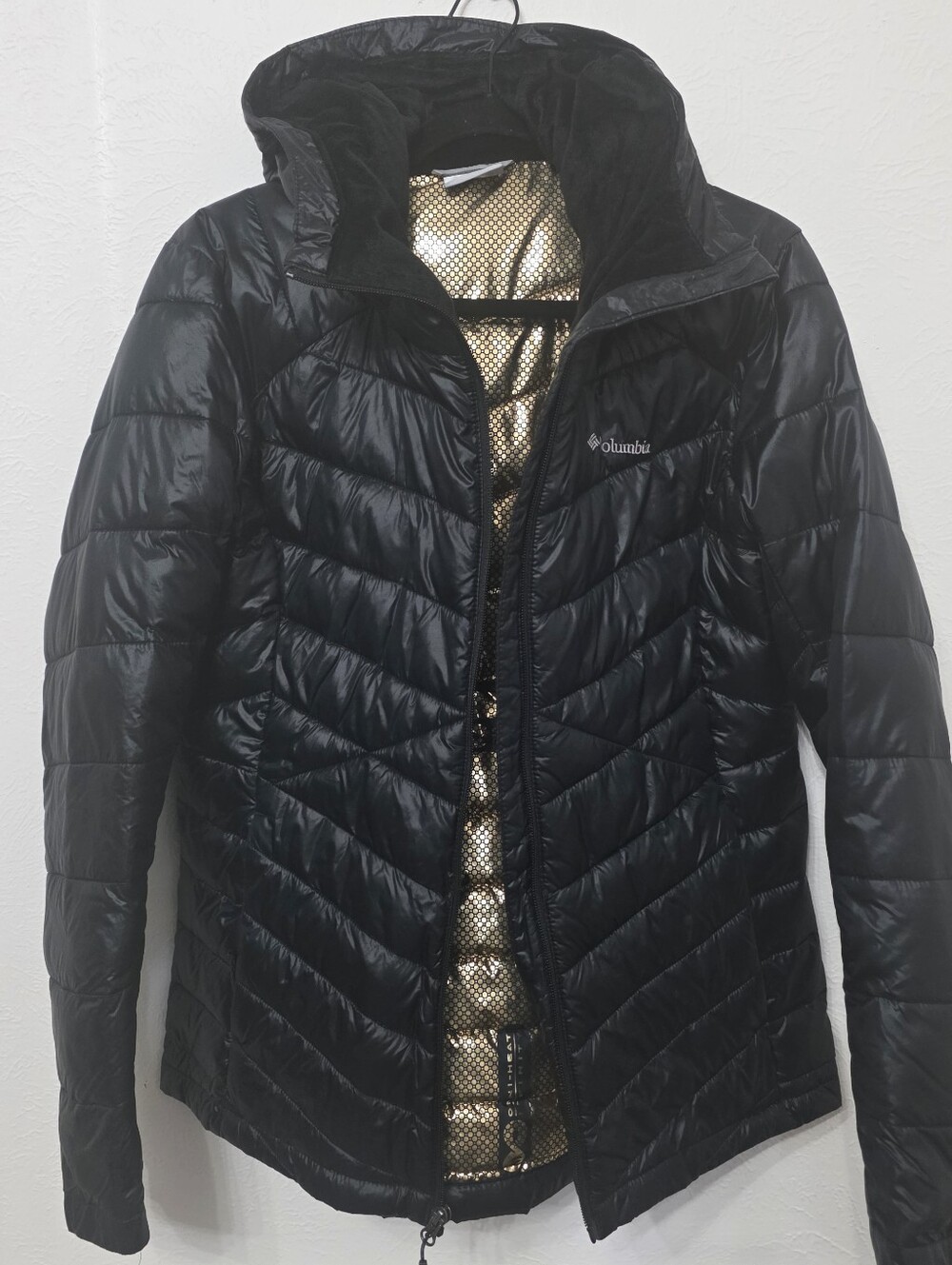 Columbia Heavenly Jacket Womenβs L Black Omni-Heat Hooded Chevron Puffer